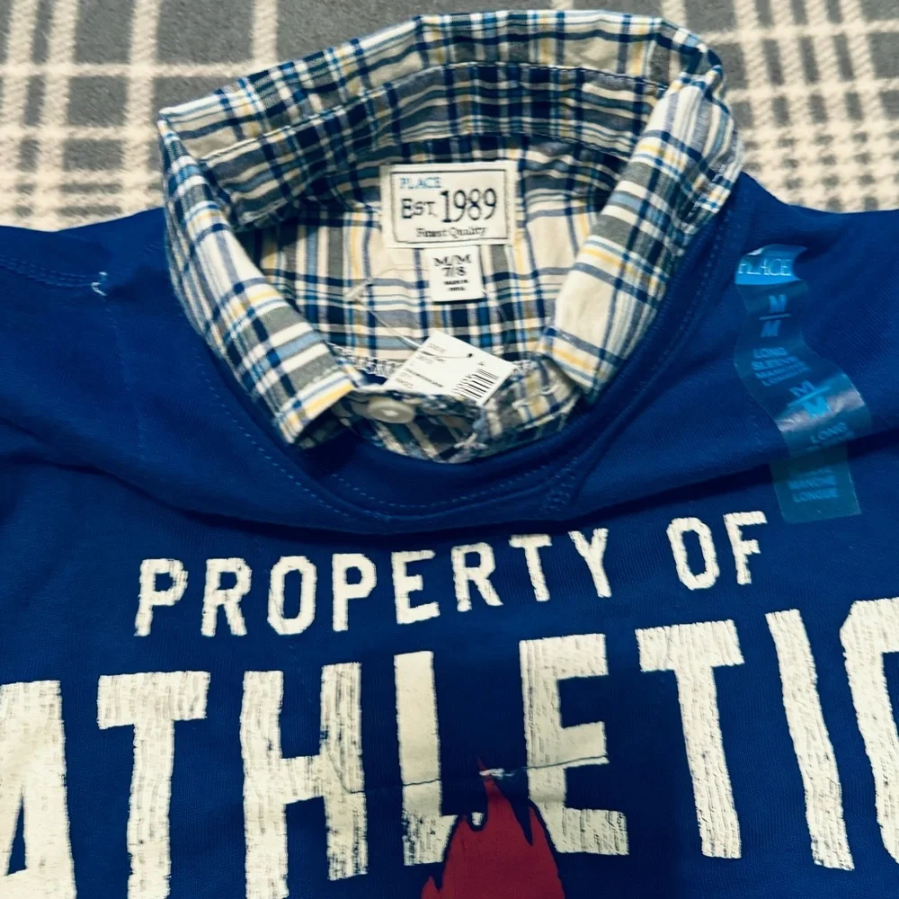 The Children’s Place Layered Blue Sweatshirt with Attached Plaid Collar Shirt